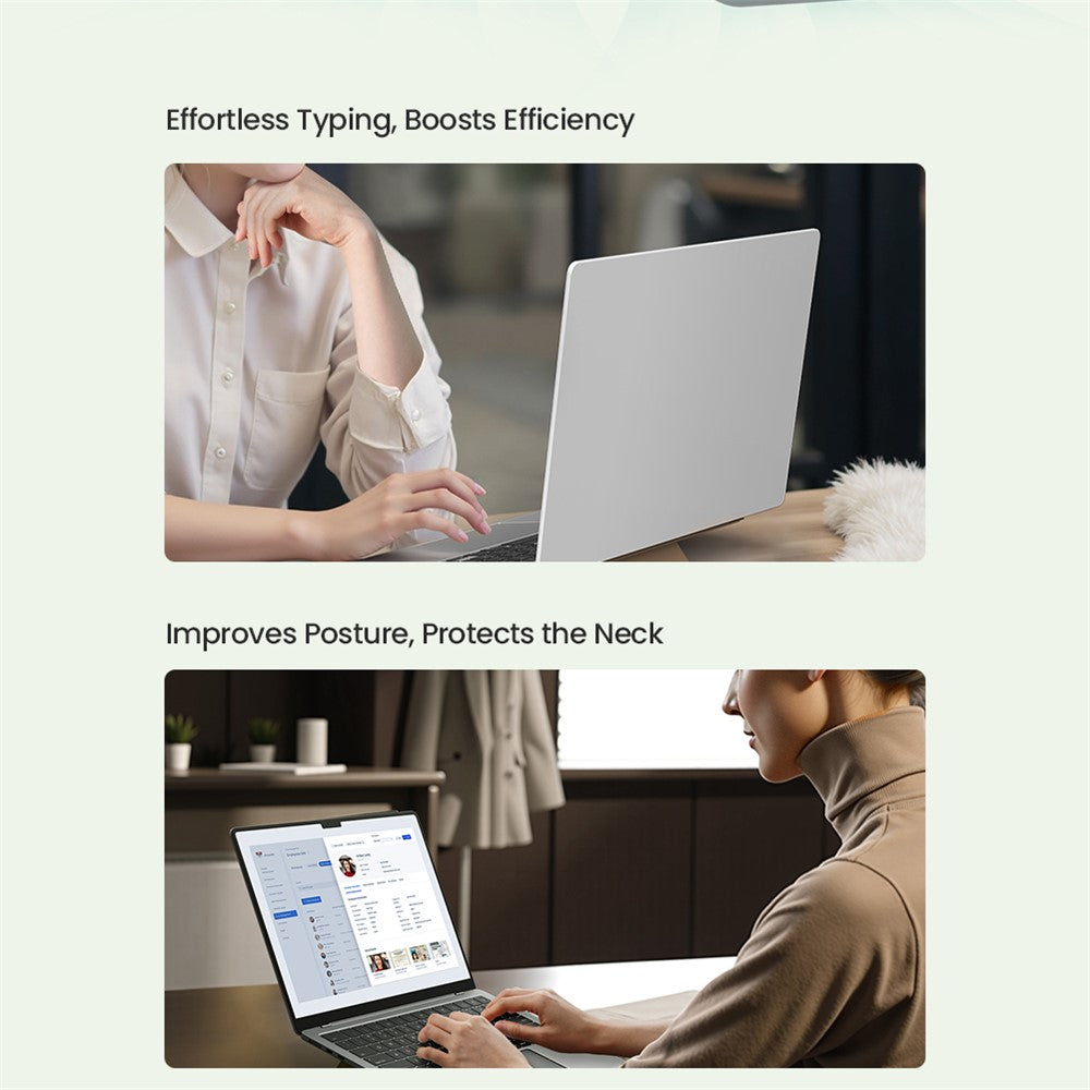 Two-panel Nillkin slide showing a person typing comfortably and a person sitting upright, captioned effortless typing and improved posture