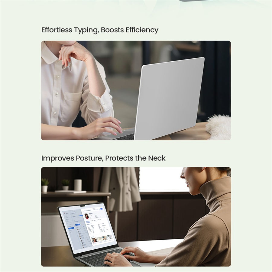 Two-panel Nillkin slide showing a person typing comfortably and a person sitting upright, captioned effortless typing and improved posture