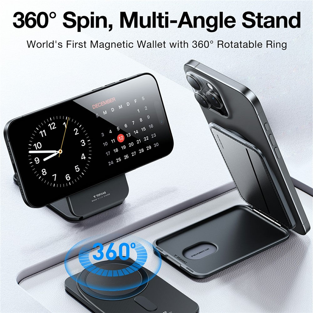 TORRAS Magnetic Card Holder 360° Rotatable Stand 3 Card Storage Pouch