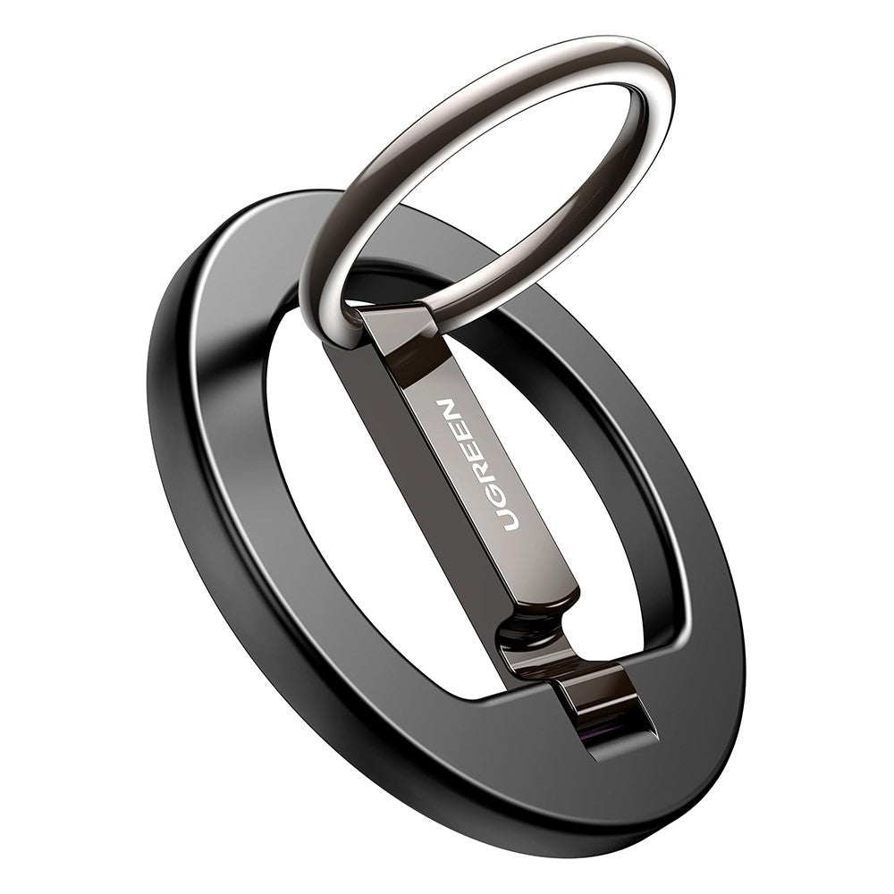 UGREEN LP705 magnetic ring grip in gunmetal, ring swung open and kickstand foot extended