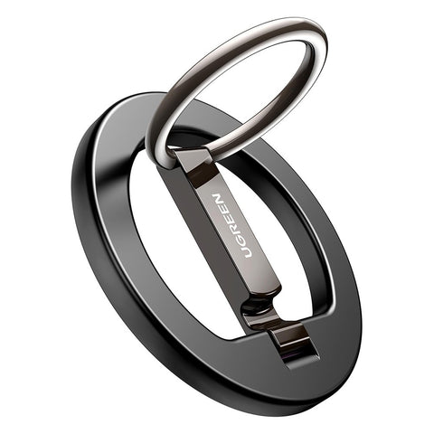 UGREEN LP705 magnetic ring grip in gunmetal, ring swung open and kickstand foot extended