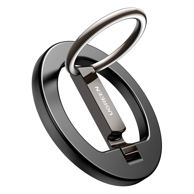 UGREEN LP705 magnetic ring grip in gunmetal, ring swung open and kickstand foot extended