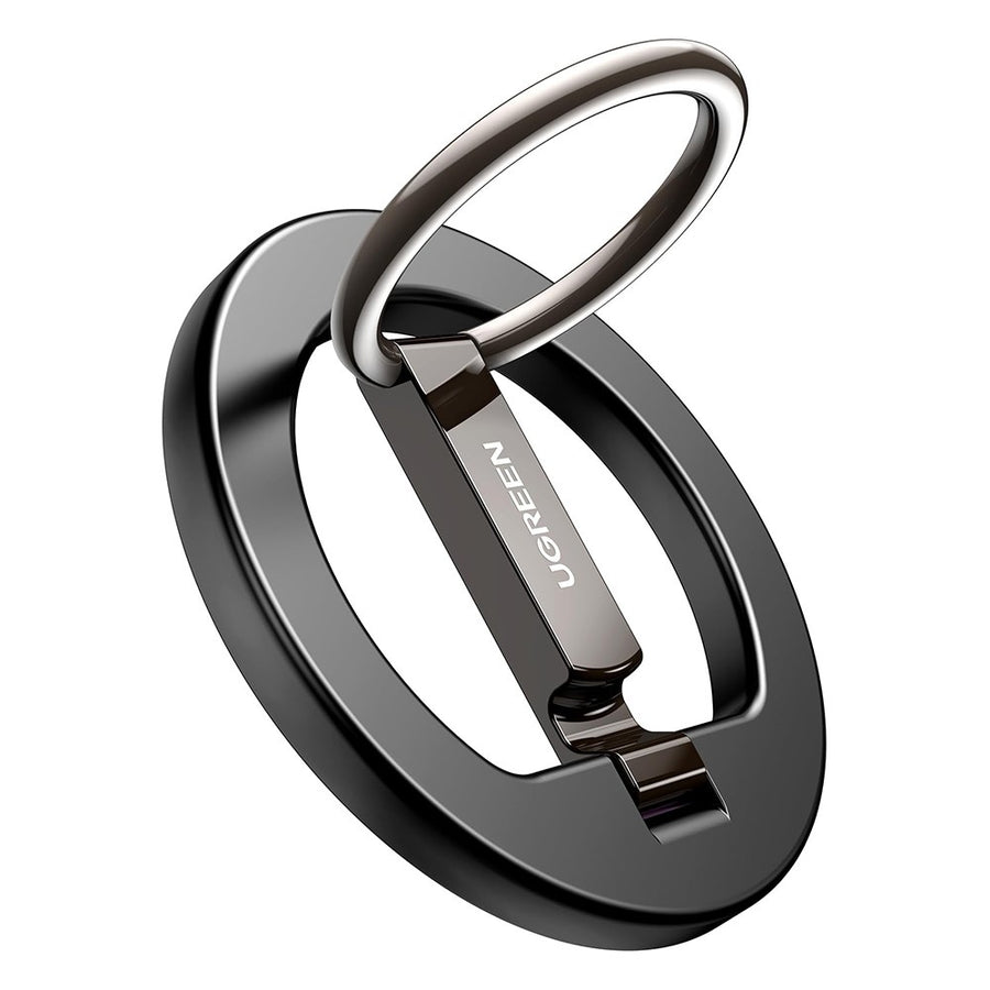 UGREEN LP705 magnetic ring grip in gunmetal, ring swung open and kickstand foot extended