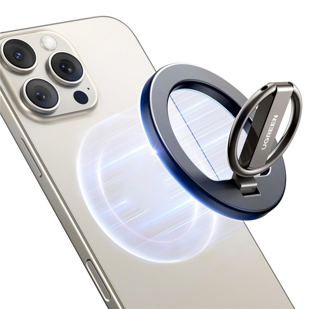 The ring grip held against the back of a gold iPhone, with the magnetic alignment ring glowing