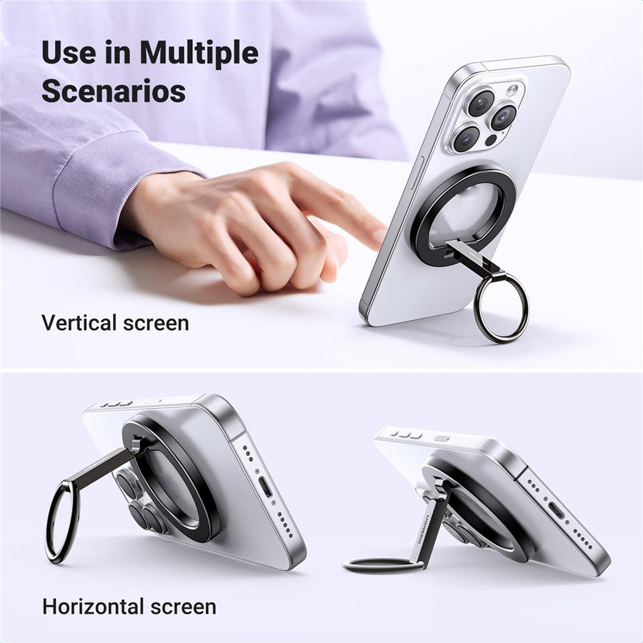 The grip propping a phone up in portrait and in landscape on a desk