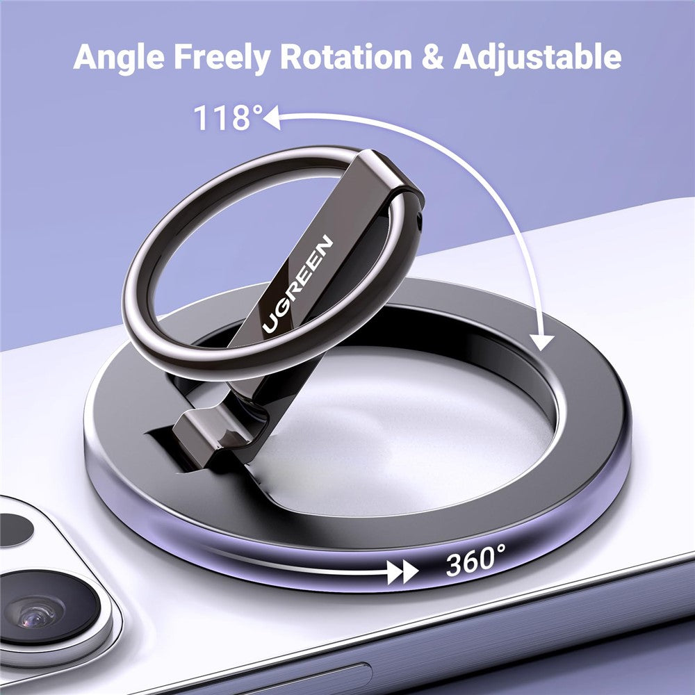 The grip on a purple iPhone, annotated with 118 degrees of tilt and 360 degrees of rotation