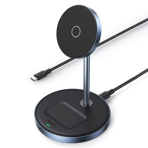UGREEN 2-in-1 magnetic charging stand in dark grey, with a magnetic head on an arm above a round earbud charging base