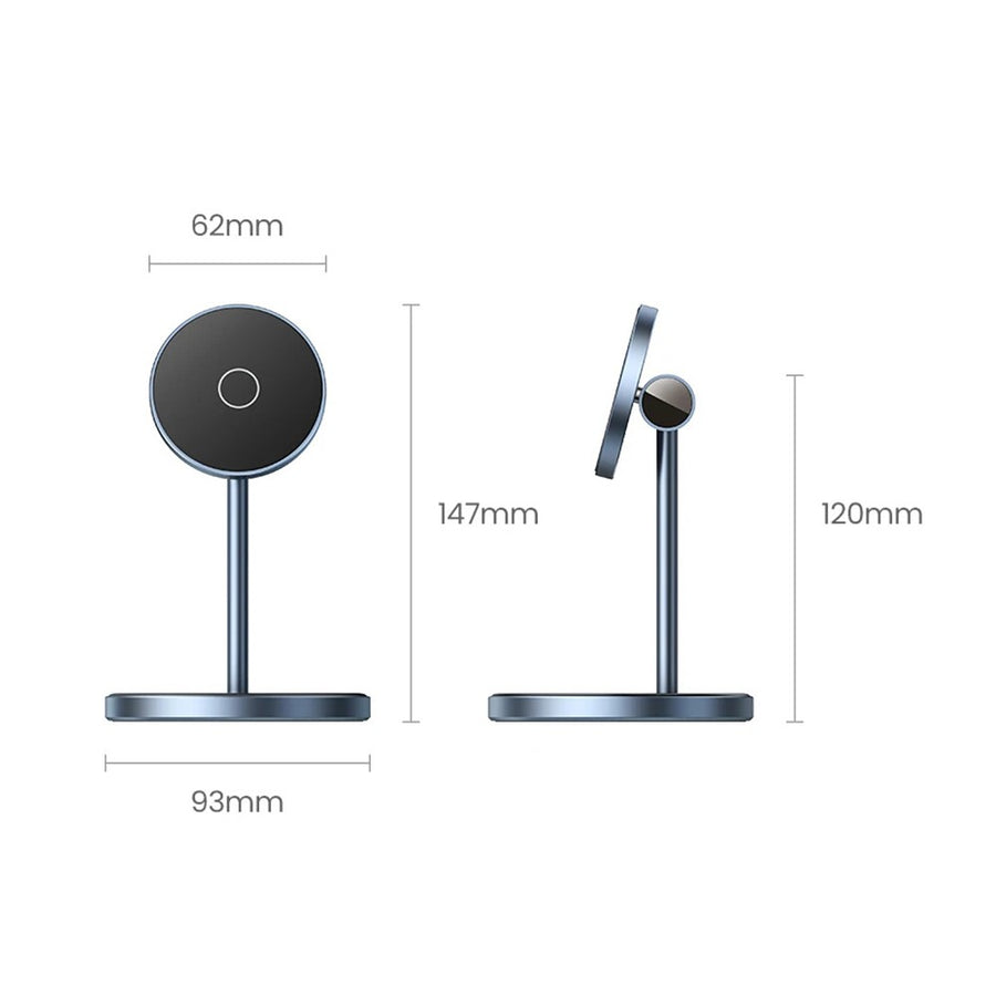 Dimension drawing of the stand: 62 mm head, 93 mm base, 147 mm tall upright and 120 mm tilted