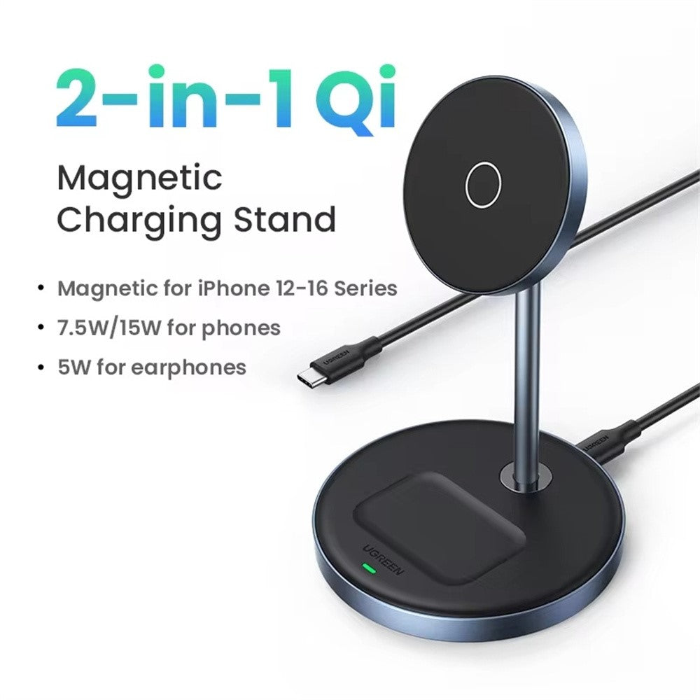 The charging stand captioned 2-in-1 Qi, magnetic for iPhone 12 to 16 series, 7.5W and 15W for phones, 5W for earphones