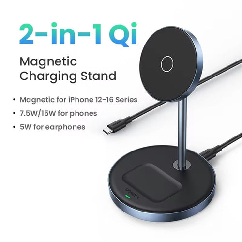 The charging stand captioned 2-in-1 Qi, magnetic for iPhone 12 to 16 series, 7.5W and 15W for phones, 5W for earphones