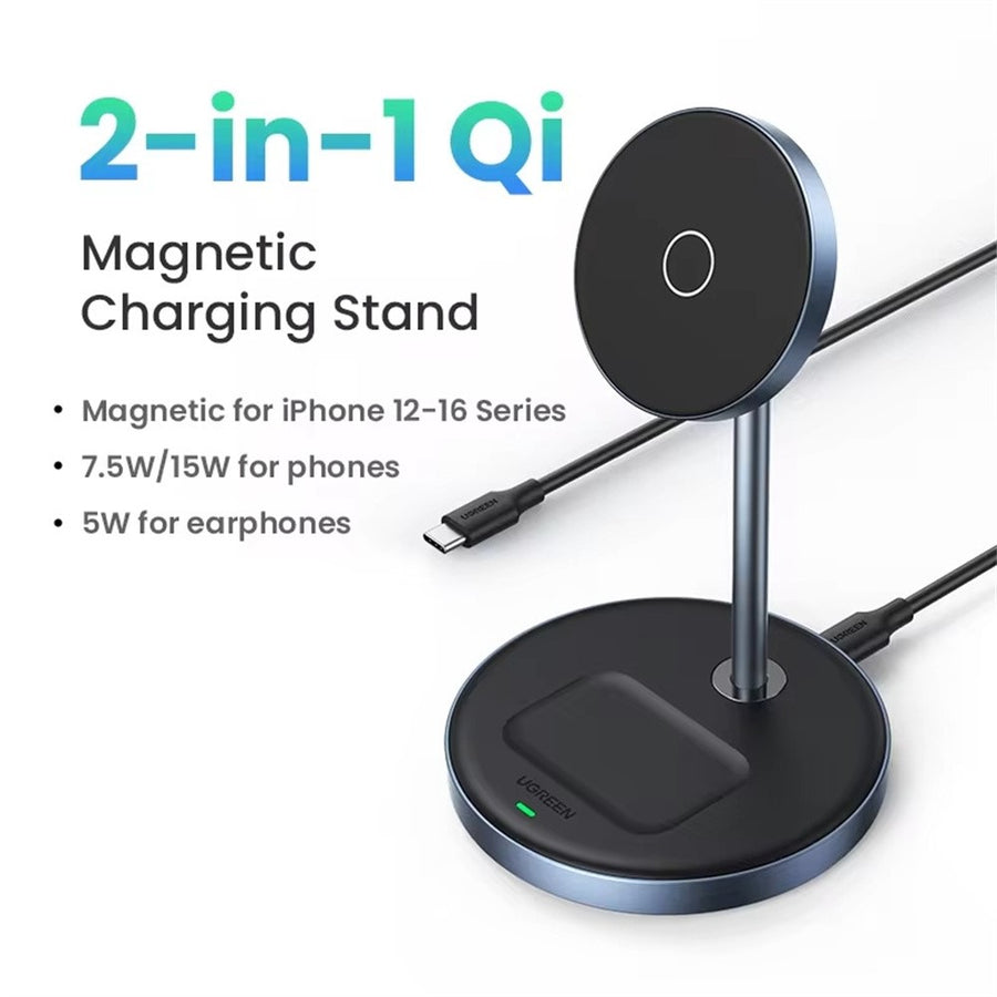 The charging stand captioned 2-in-1 Qi, magnetic for iPhone 12 to 16 series, 7.5W and 15W for phones, 5W for earphones
