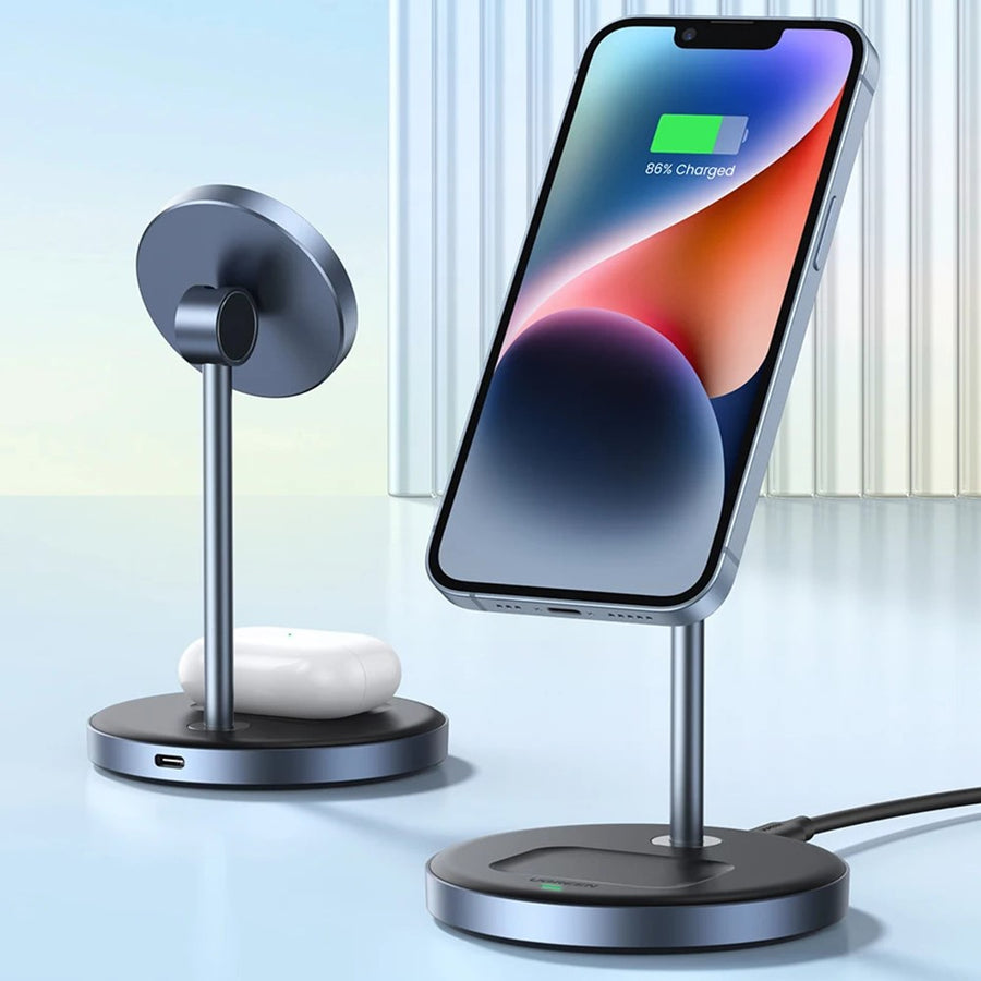 The stand holding an iPhone upright with an AirPods case charging on the base beside it