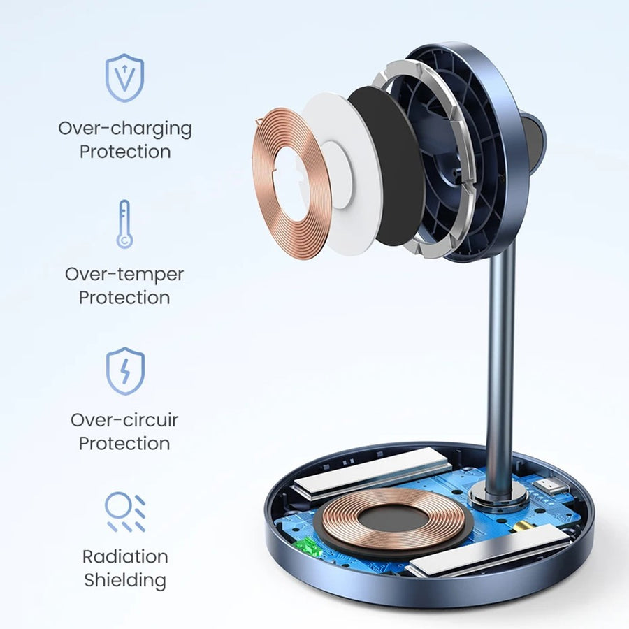 Cutaway of the stand's charging coil and base electronics, listing over-charging, over-temperature and over-circuit protection and radiation shielding