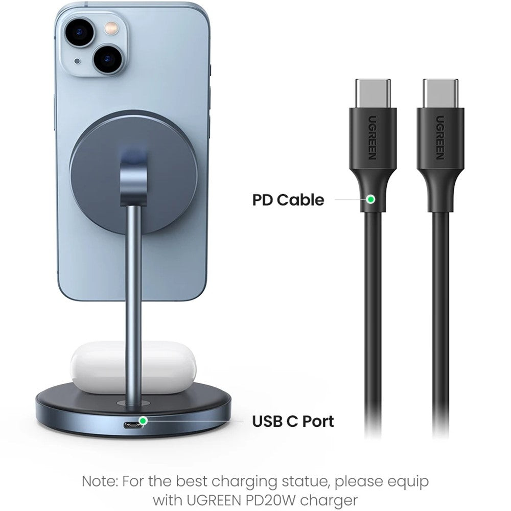 The stand shown with its included USB-C to USB-C PD cable, noting a UGREEN PD 20W adapter is recommended