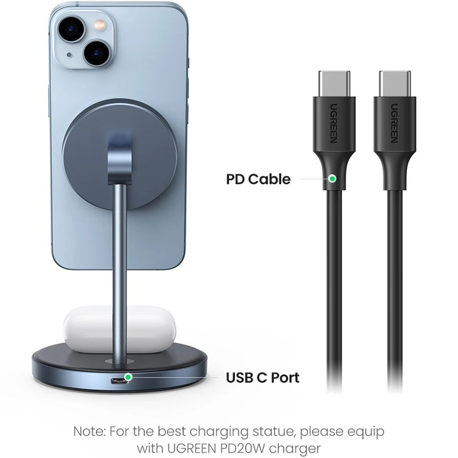 The stand shown with its included USB-C to USB-C PD cable, noting a UGREEN PD 20W adapter is recommended