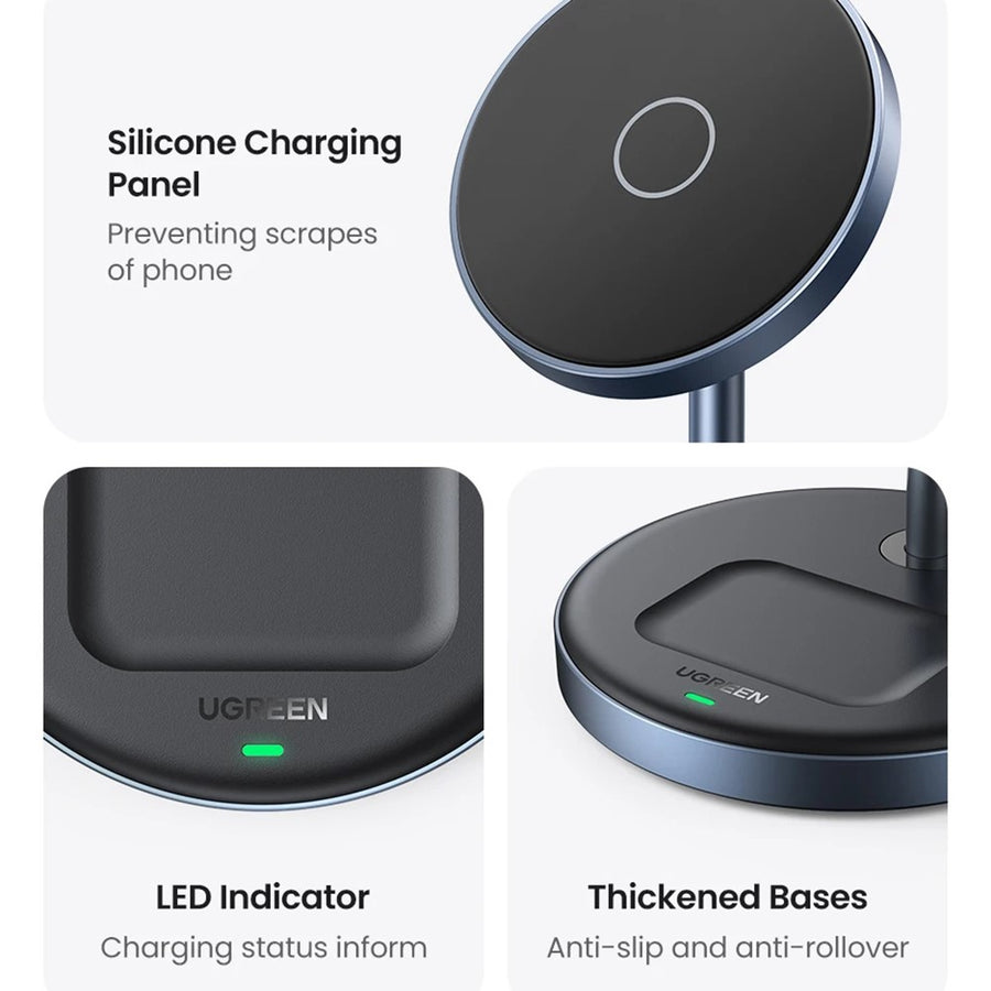 Detail panels for the silicone charging panel, the green LED charging indicator and the thickened anti-slip base