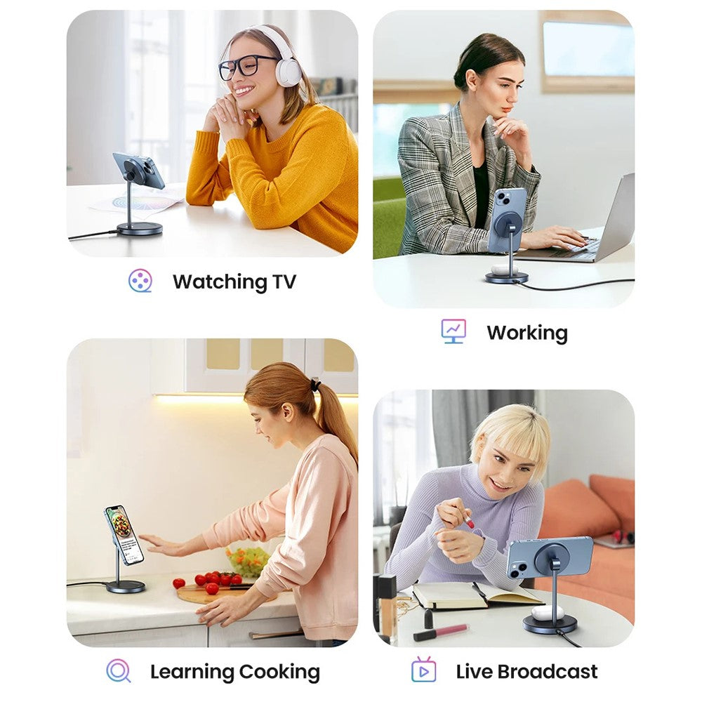 Four scenes using the stand: watching TV, working at a laptop, following a recipe in a kitchen and live broadcasting