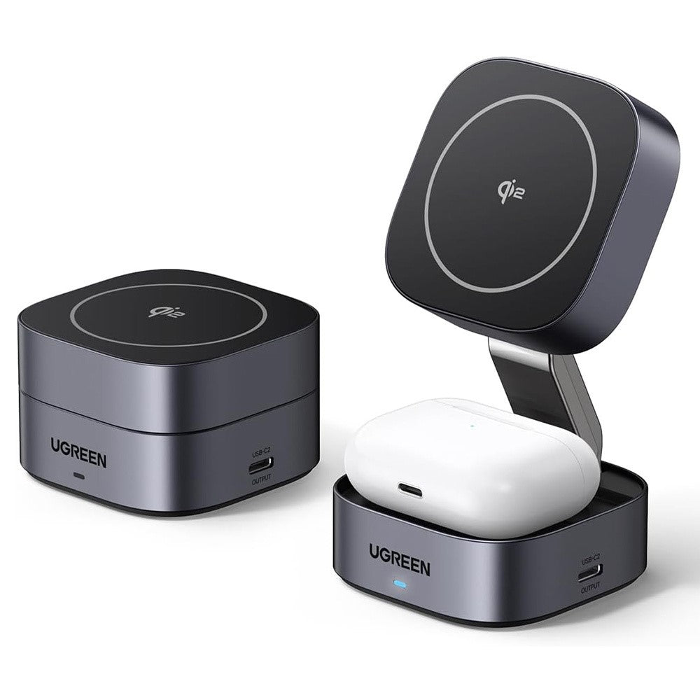 UGREEN Qi2 2-in-1 folding wireless charger in dark grey, shown folded shut and opened with an earbuds case on the base