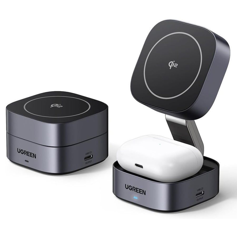 UGREEN Qi2 2-in-1 folding wireless charger in dark grey, shown folded shut and opened with an earbuds case on the base