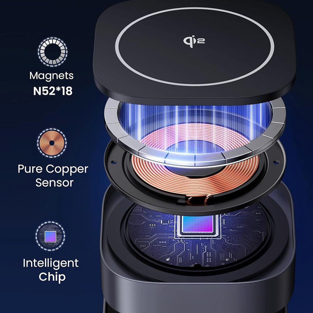 Exploded view of the charging pad showing the N52 magnet ring, copper sensor coil and control chip