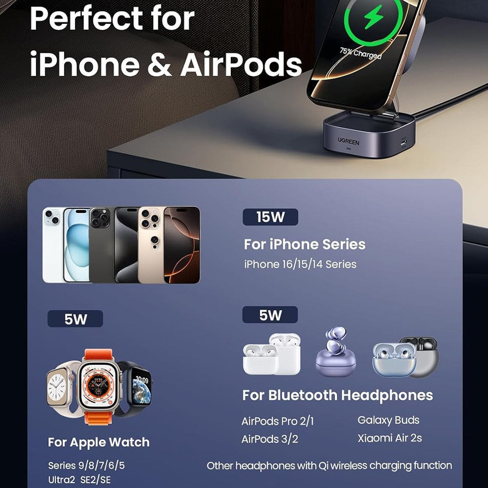 Compatibility panel listing 15W for iPhone 16, 15 and 14 series and 5W for Apple Watch and Bluetooth earbuds