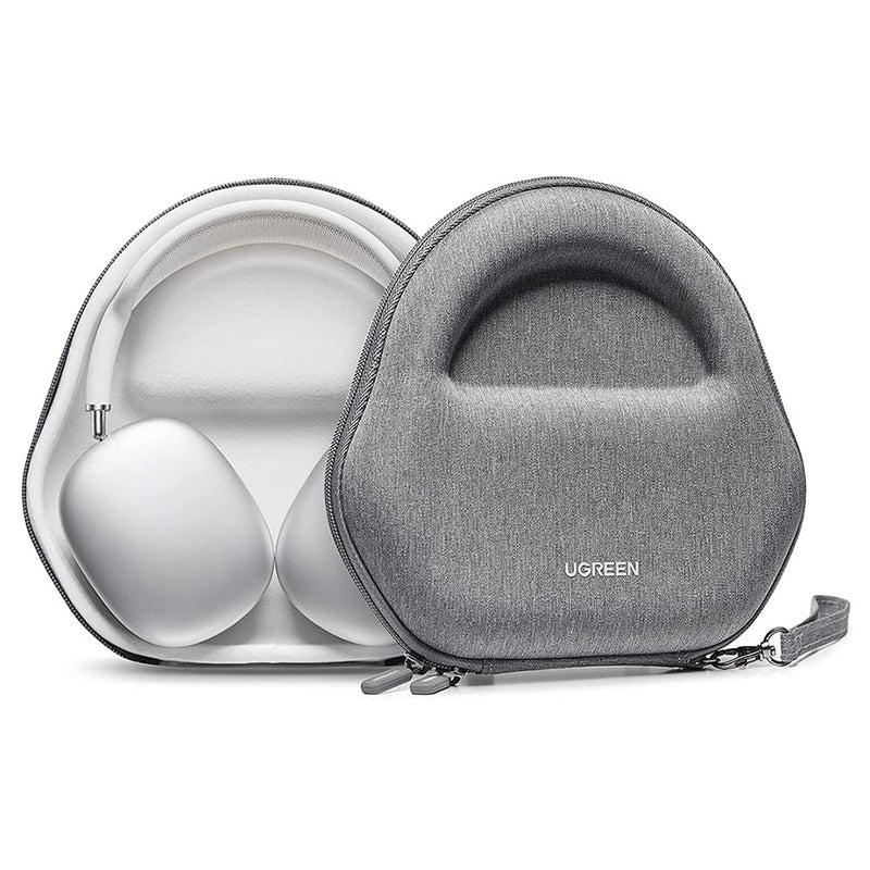 UGREEN AirPods Max carrying case in grey, one open with headphones inside and one closed with its wrist strap