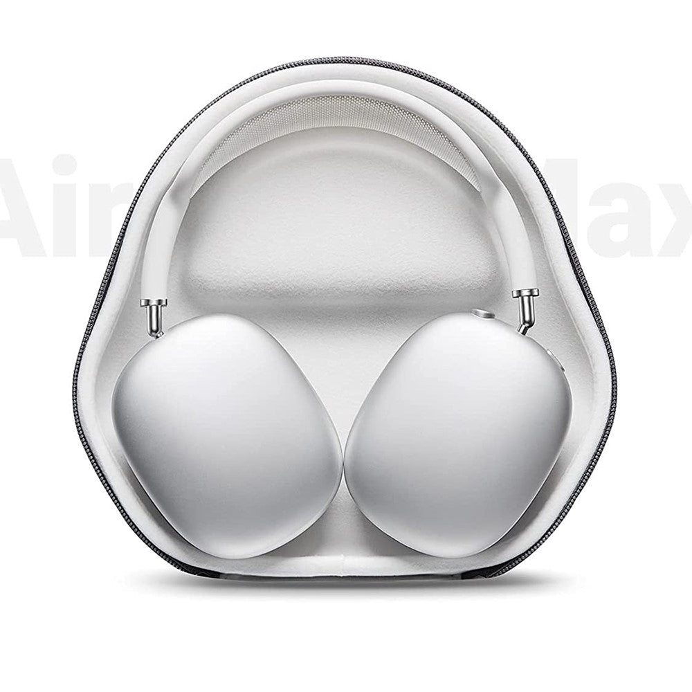 The open case cradling AirPods Max in its moulded earcup recesses