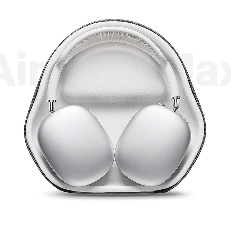 The open case cradling AirPods Max in its moulded earcup recesses
