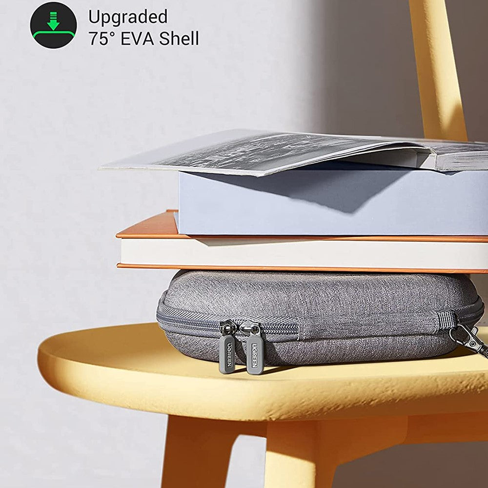 The closed case resting on a yellow chair beneath a stack of books, captioned upgraded 75-degree EVA shell