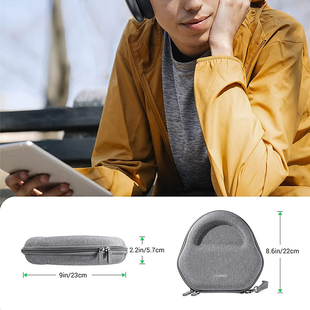 A person wearing AirPods Max at a desk, with the case dimensions given as 23 x 22 x 5.7 cm