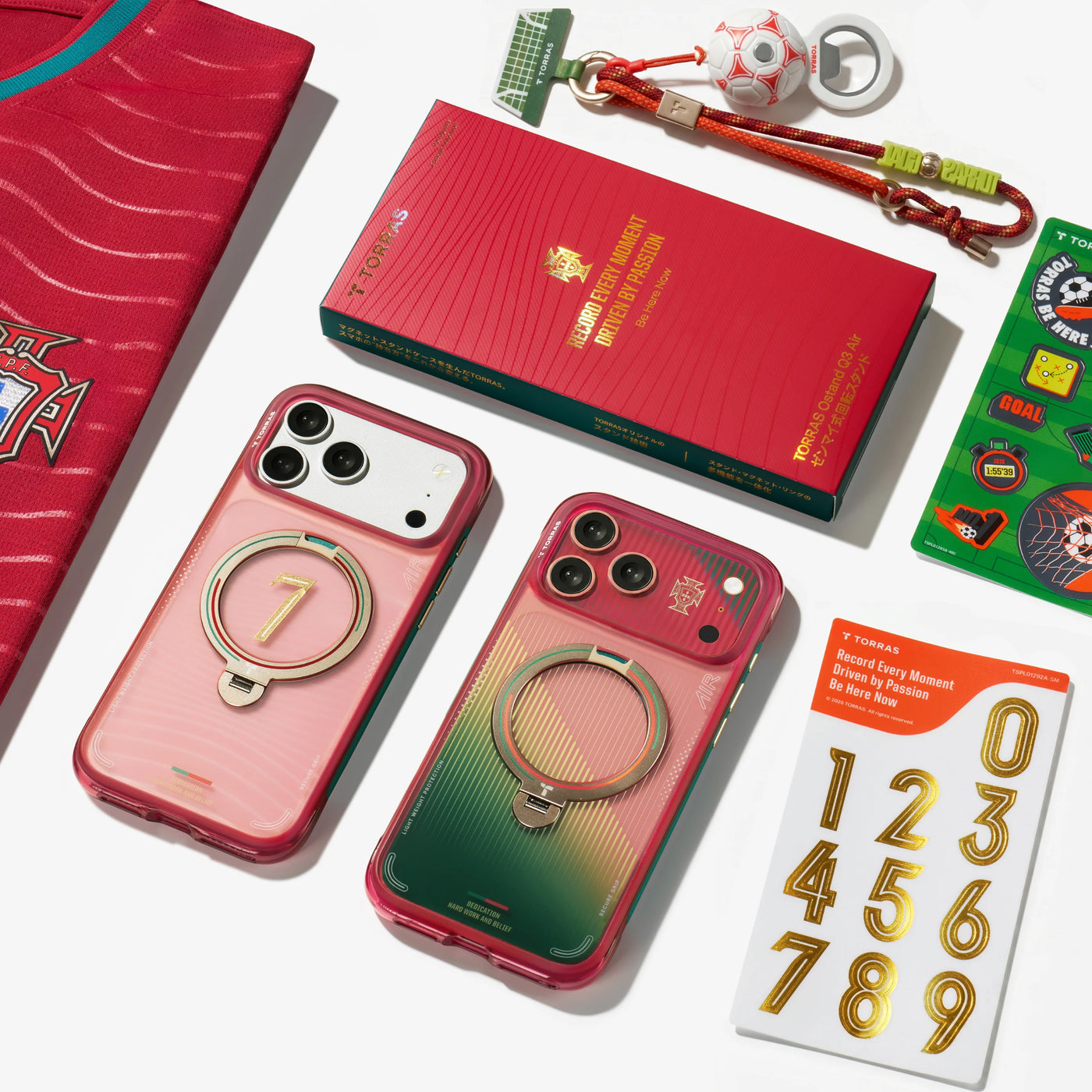 TORRAS football phone lanyard laid out with Ostand Q3 Air cases and packaging