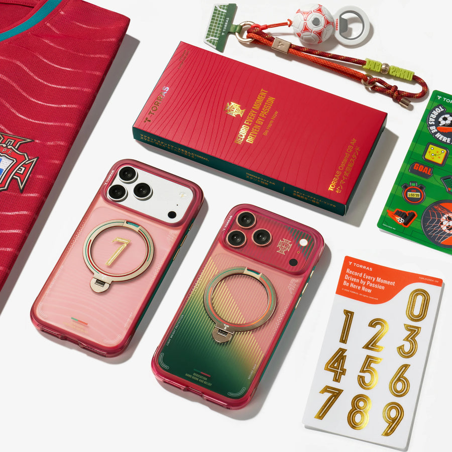 TORRAS football phone lanyard laid out with Ostand Q3 Air cases and packaging