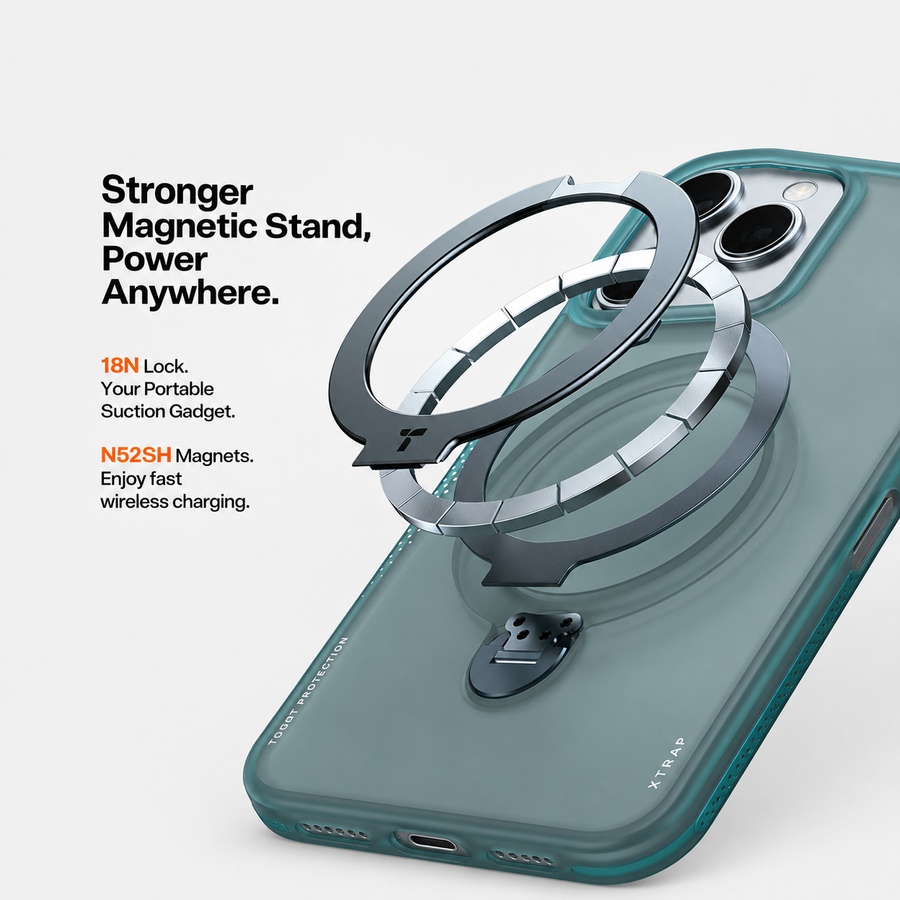 A translucent teal phone case with a built-in magnetic suction stand and ring magnet, shown on a light gray background with marketing text about stronger magnetic power and wireless charging.