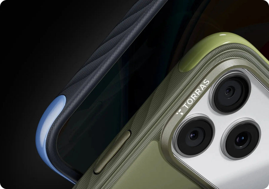 Textured side rail and camera frame of the TORRAS Q3 Rugged case showing the secure grip surface.