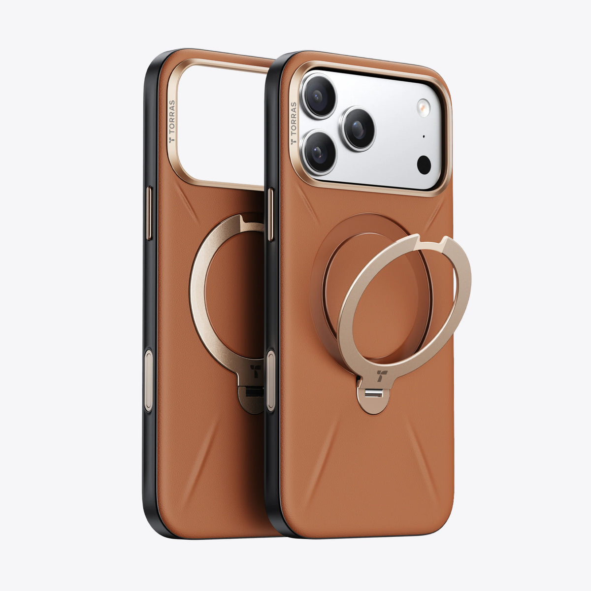 TORRAS Ostand Q3 VegSkin — Amber Brown colour reference (iPhone 17 Pro media)